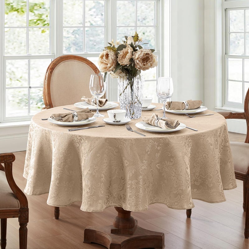 Elrene Home Fashions Caiden Elegance Damask Waterproof, Stain & Wrinkle Resistant Fabric Tablecloth, 70" Round, Taupe - Image 1